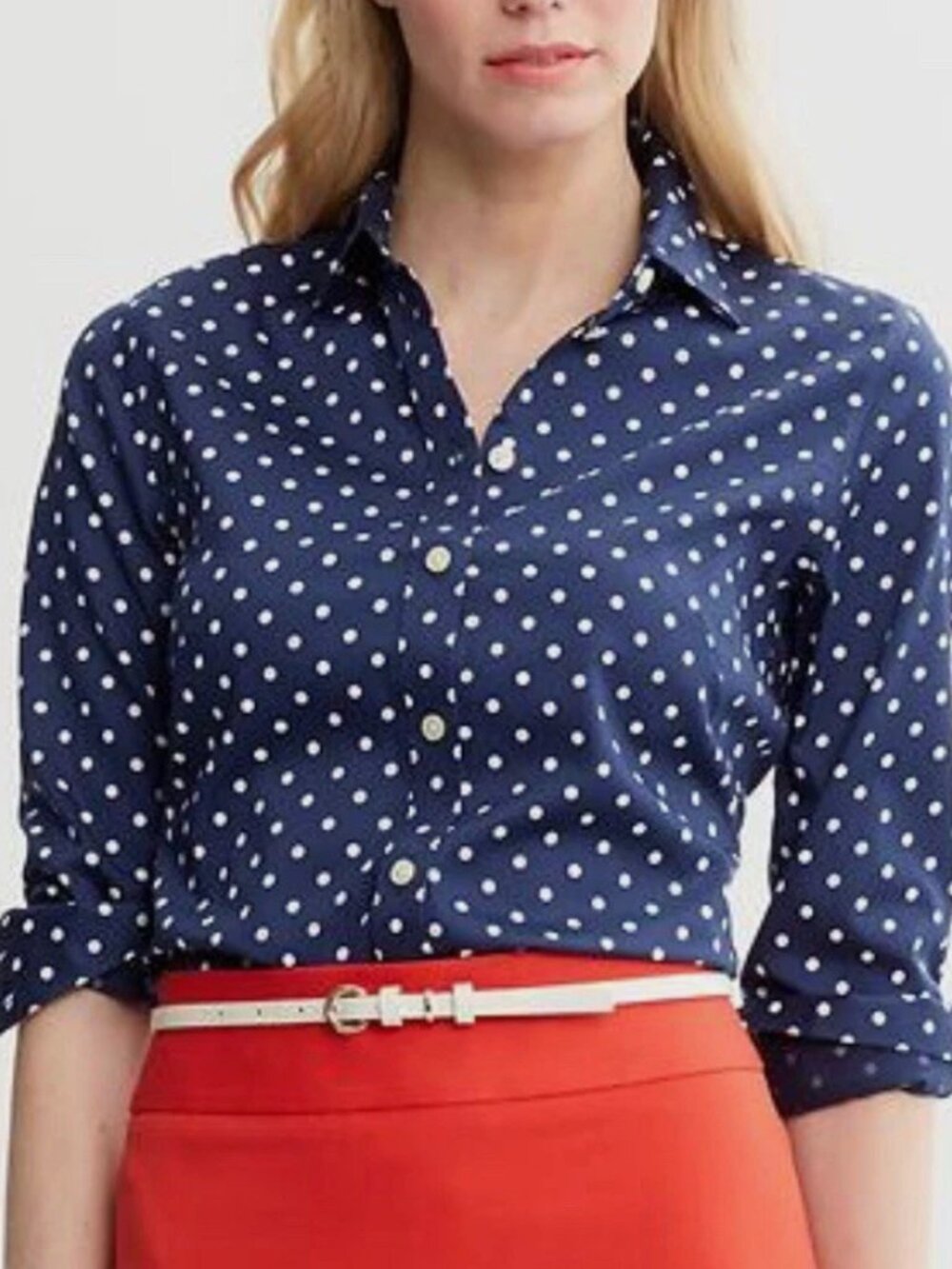 Banana Republic Women's Long Sleeve Button-Down Blue Polka Dot Fitted - Size 10